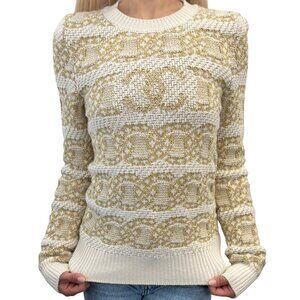 CHANEL P63133 CC Logo Cashmere Knit Sweater Top #34 Beige Cream Cotton [106083]